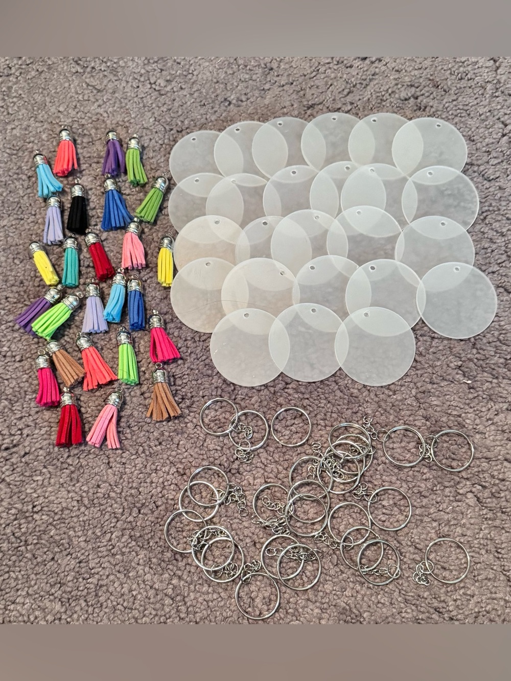Blank White Acrylic Keychain Discs with Assorted Tassels - Unbranded